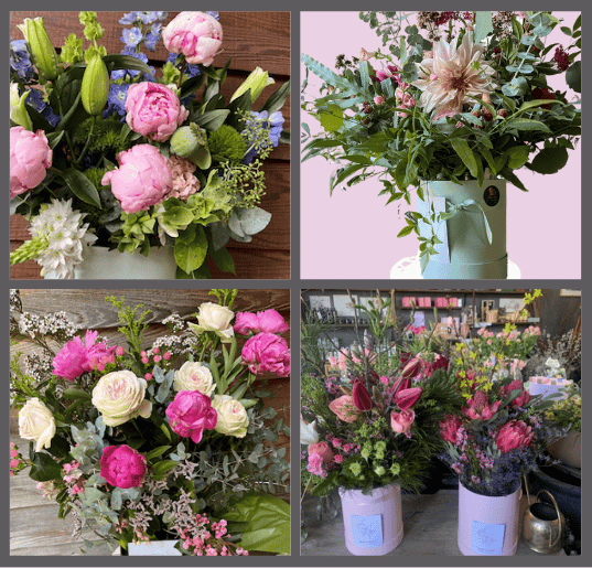 'Hat box' vase arrangements: $75 to $195, 3 sizes, 2 colours